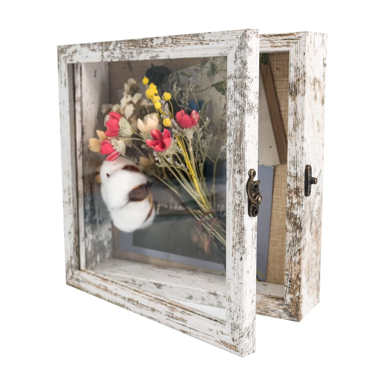 8x8 Wood Shadow Box Frame Glass Door Display Case with Linen Back and 6 Stick Pins,1.5 inches Interior Depth,Ideal for Memorabilia Pictures Flowers Medals Tickets Rustic White